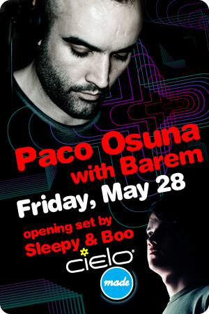 Flyer 
			for Paco Osuna with Barem, 05/28/10 at Cielo